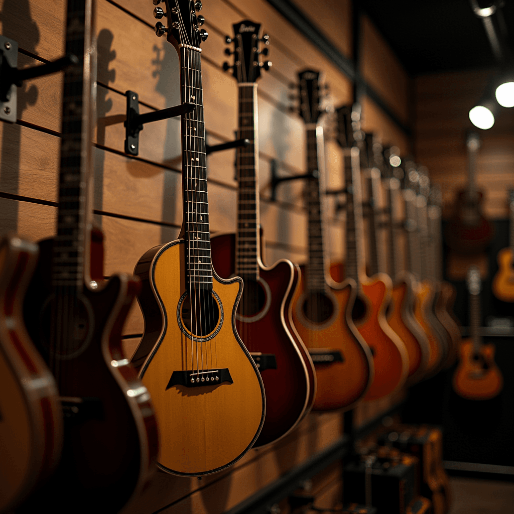 An array of acoustic guitars on display in a music shop, bathed in warm lighting.