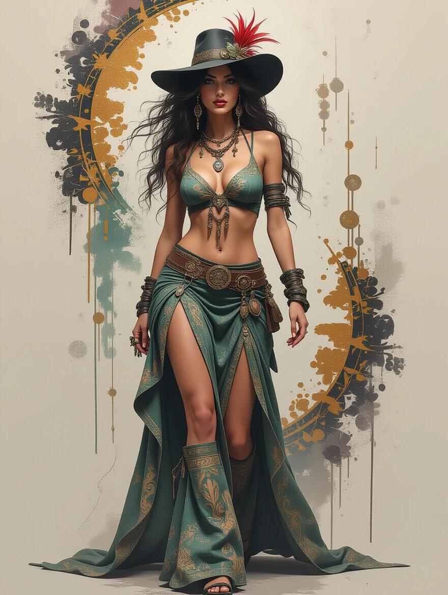 Full body depiction of a gypsy woman wearing transparent clothing. The character has an ethereal presence and is set against an abstract background. Mixed media style with glamorous elements.