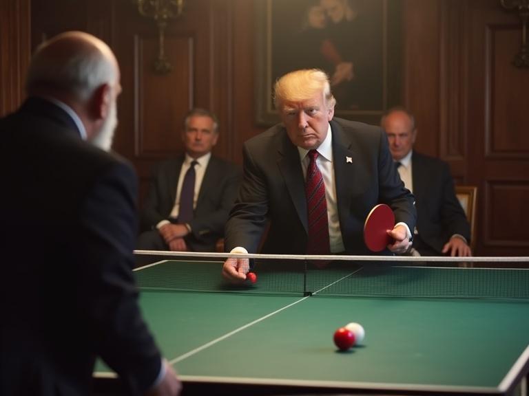 Donald Trump engaged in a competitive game of table tennis with another political figure. A serious atmosphere with observers in the background. Fine details of the table tennis game highlighted.