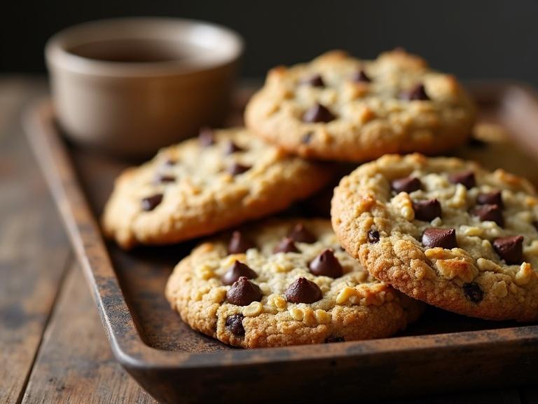 Golden oatmeal chocolate chip cookies are displayed on a rustic tray. Image features soft lighting.