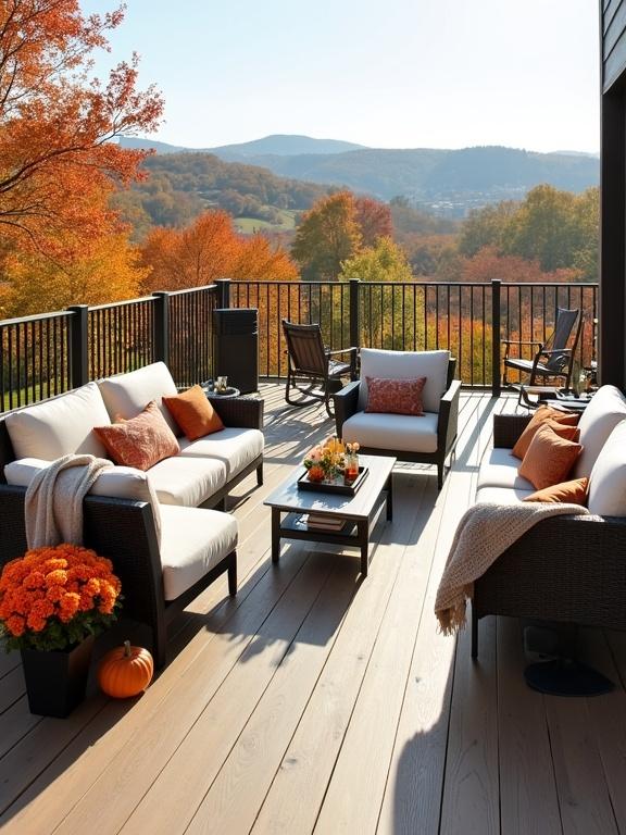 Image showcases a spacious outdoor deck furnished with modern patio furniture. Bright autumn-themed decor adds charm. Scene includes rolling hills covered in fall foliage. Potted orange chrysanthemums and decorative pumpkins enhance the seasonal feel.