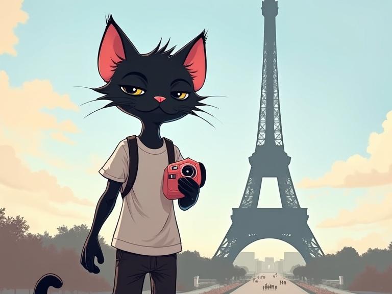 A humanoid black kitten character stands in front of the Eiffel Tower. Kitten wears a white t-shirt and holds a pink camera. The background features a pastel sky and a view of Paris.