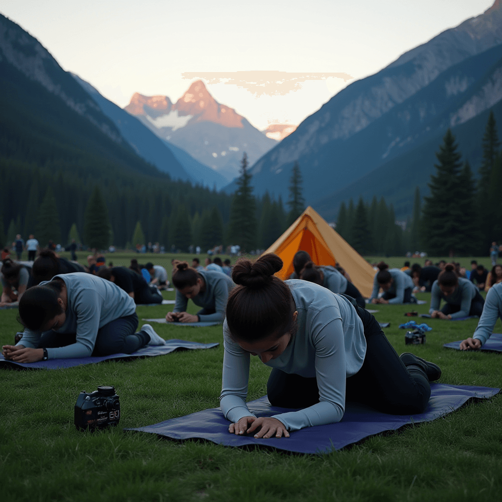 A group of people practice yoga on mats in a scenic valley with mountains in the background.