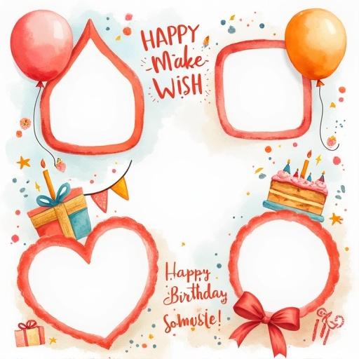 A square photo collage features a birthday celebration theme in soft watercolor style with five uniquely shaped photo frames. Each frame has a hand-painted look with irregular edges and solid black centers for photos. The background is filled with pastel watercolor textures and birthday decorations such as balloons, cakes, gifts, and confetti, with handwritten phrases like 'Happy Birthday' and 'Make a Wish.'