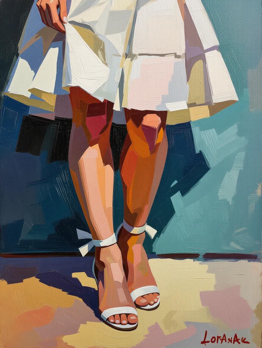 A woman poses with her legs crossed wearing white sandals with ankle straps against a background of teal and beige. The painting features thick brushstrokes and an impressionistic style.