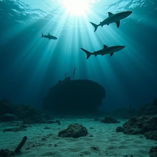 Vertical low-angle shot from the ocean floor showing sand and wreckage. Sharks circling above casting shadows in sunlight. Broken ship hull in background with light beams.