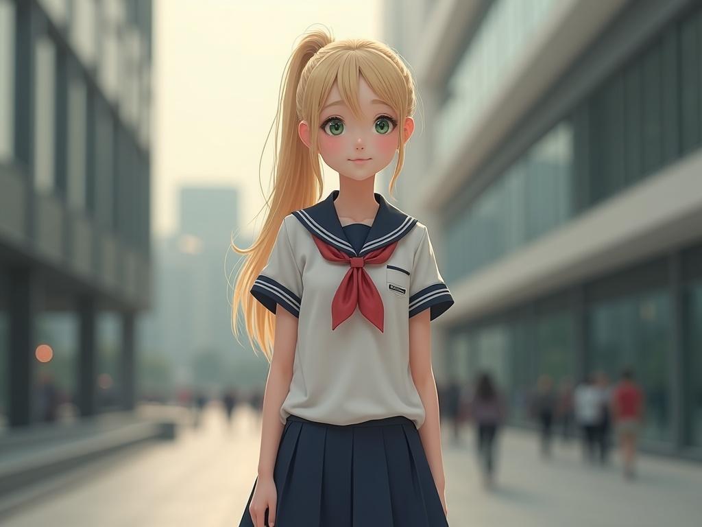 Photo realistic image of a pretty teenage girl in a catholic school uniform with long blonde ponytail and blushing face. She stands shyly in a modern city showcasing her big green eyes and cute smile.