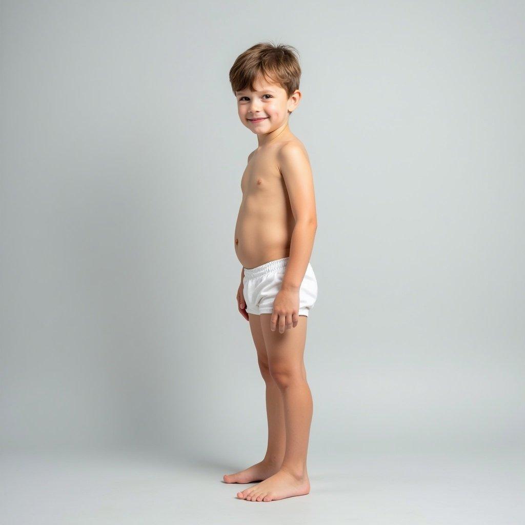 Image features a boy standing upright and barefoot against a light gray background. He is wearing white underwear. The lighting is soft and even, creating a calm atmosphere. His pose showcases a sense of confidence. The style is minimalistic, bringing focus to the subject.