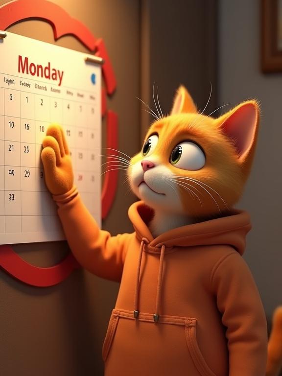 3D Pixar-style anthropomorphic orange tabby cat in a hoodie looking at a wall calendar with a worried expression. Red circle highlights Monday. Soft warm apartment setting with cinematic light. Cat is centered in the image.