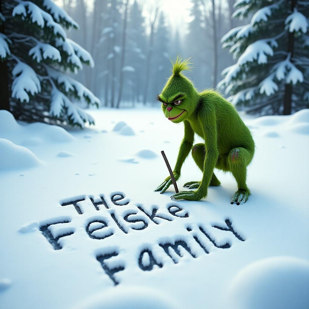 Grinch character writes in snow with a stick. The words Felske Family appear in smooth letters. Surrounded by snowy trees and winter landscape. Green character brings a playful charm to the scene.