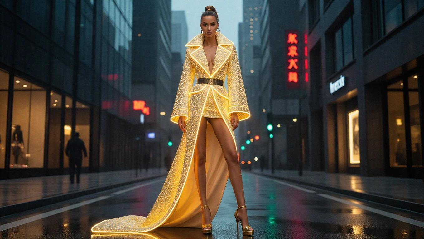 A stylish figure stands wearing a luxurious glowing outfit in a chic urban setting. The attire has opulent details and futuristic elements. The scene captures a glamorous fashion moment. The atmosphere is cinematic and dreamlike. The figure has blonde hair styled in a ponytail. The image is ultrasharp and hyper-realistic. The figure shows legs and feet while wearing gold platform heels.
