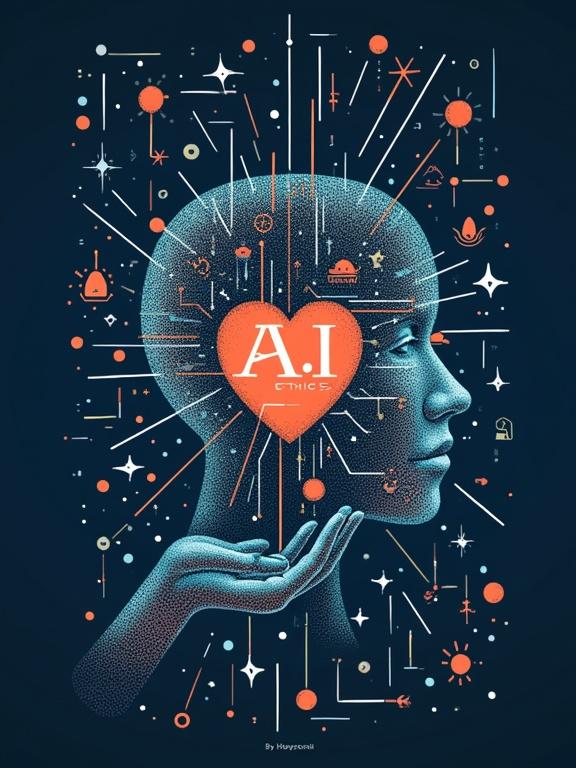 Design a book cover highlighting AI ethics. Use elements of advanced technology and human-centric imagery. Include a hand, heart symbol, and abstract digital patterns. Blend cool and warm colors. Integrate symbols of balance and responsibility. Typography should be modern and readable with main title prominent.