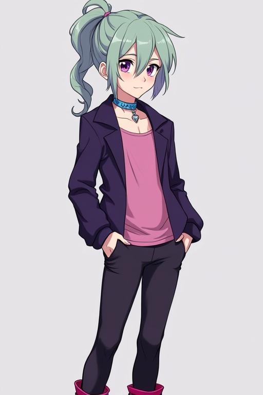 A slender young male with light skin. He has big purple eyes. He has shoulder-length light green hair in a high ponytail. One side braid in soft lavender. He wears a dark purple jacket over a pink top. A silver heart choker with a blue strap on his neck. He has black leggings with pink trim. High heeled boots colored black and pink. Very feminine in build and body shape. Holding a custom Chaos Duel Disk.