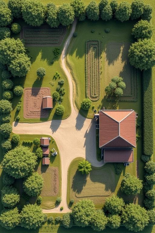 Detailed aerial layout of a 1000m2 farm. Includes house, stable, and vegetable area with surrounding garden
