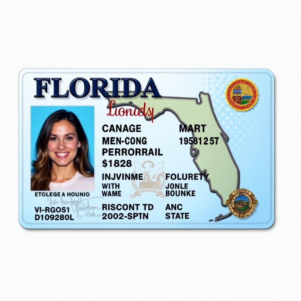 Image shows a Florida driver's license. Document has realistic design features. It includes personal information like name and address. Unique ID number is displayed. Official state logos are present. Color scheme includes light blue with gold accents. Organized layout emphasizes key identification details. Mimics government-issued identification.