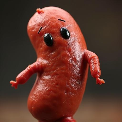 A sausage character with a face is holding a Red Bull can. The presentation is photorealistic. The sausage appears animated and features expressive eyes, showcasing a playful demeanor.