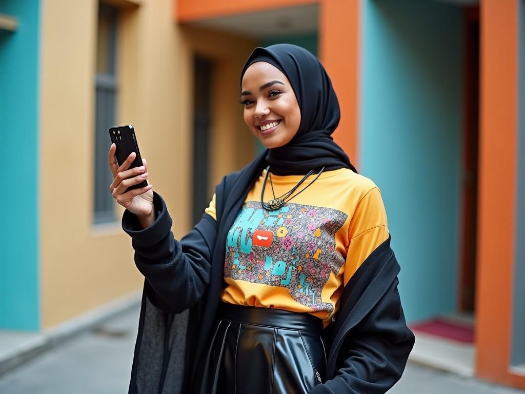 This image features a stylish young woman in a vibrant, colorful outfit, recording herself with a smartphone. She wears a chic pashmina hijab and a bold graphic t-shirt paired with a shiny black leather skirt. The setting is contemporary, with a playful background of colorful walls. Her confident smile and engaging pose suggest she is a popular TikTok influencer. This scene embodies modern fashion trends combined with cultural style, perfect for showcasing a celebrity’s fashionable daily look.