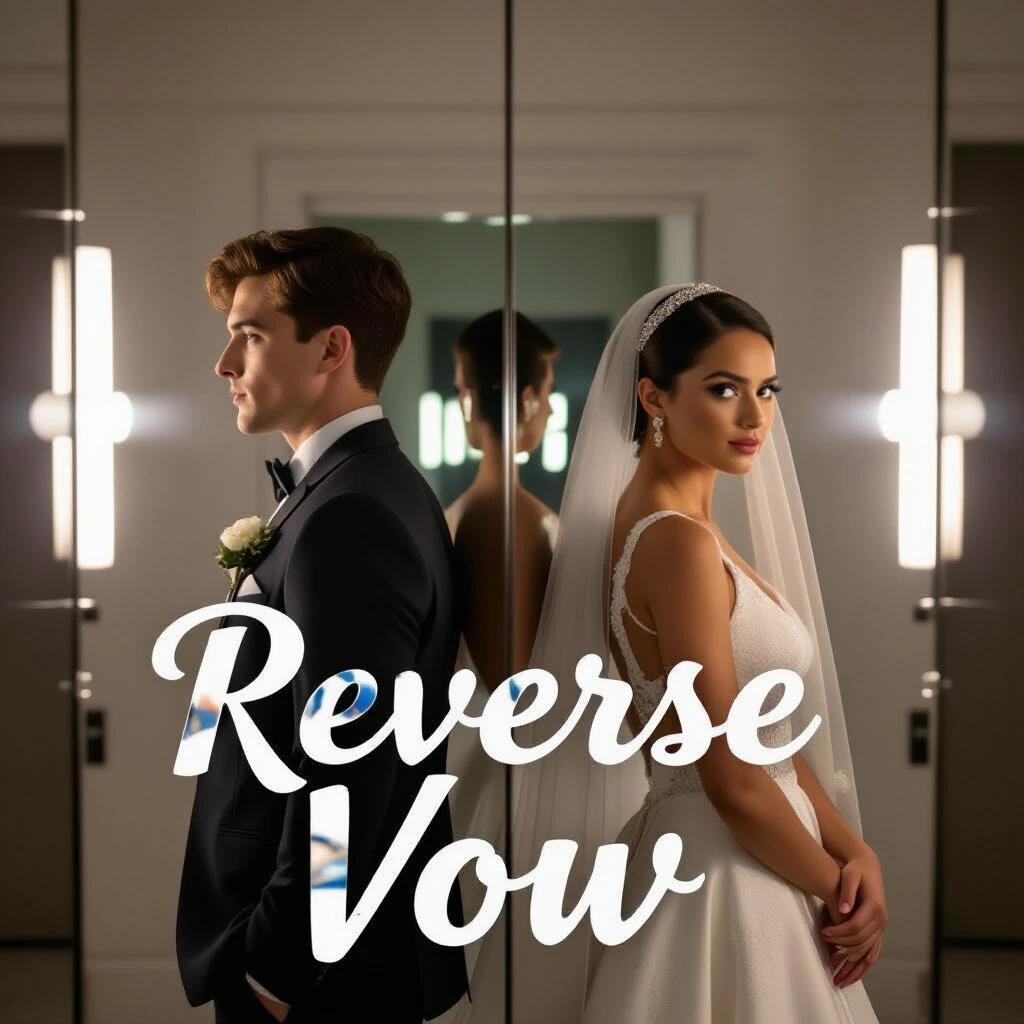 Movie poster for REVERSE VOW. Title REVERSE VOW in reversed script font. Couple faces away from each other, dressed for wedding. Visible reflections in mirrors. Side lighting creates a dramatic effect.