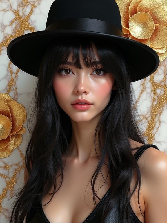 Portrait of a girl with long ashen straight hair wearing a shiny black top hat. Background features metallic flowers in gold and white shades. Abstract marble texture blends warm and cool tones. Image uses hyperrealism effect and soft lighting for a cozy atmosphere. Focus on glossy chrome texture and intricate patterns. High-quality and vibrant colors in 8K resolution.
