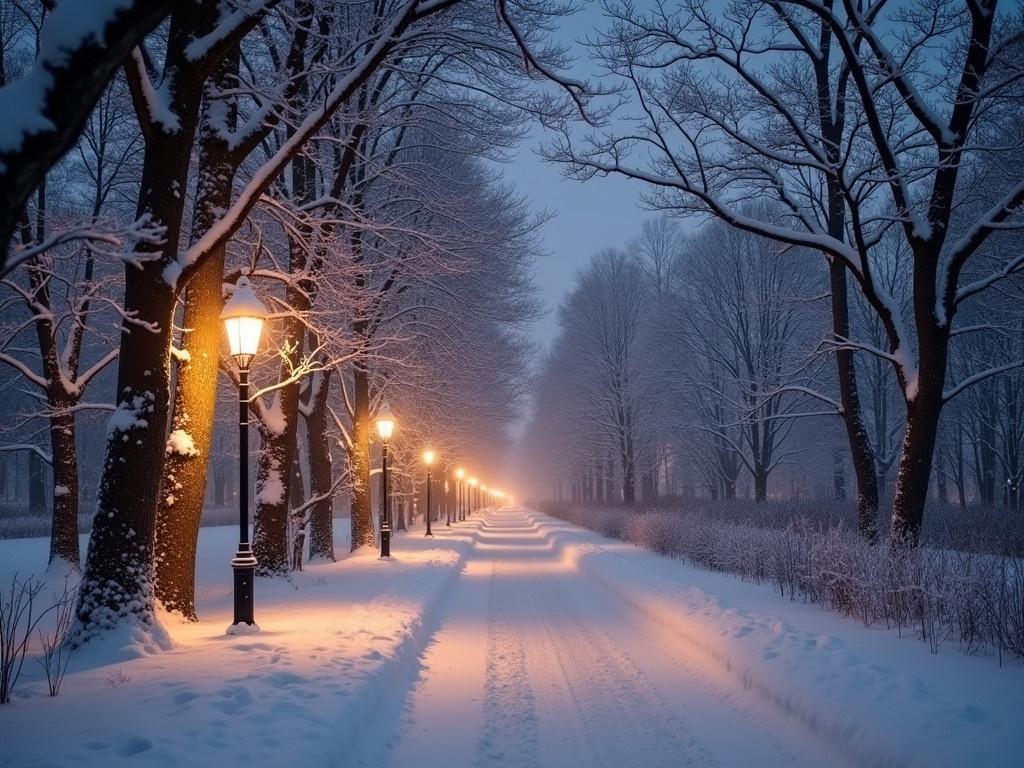 A winter alley at night, illuminated by the soft glow of shining lanterns. The path is covered in a thick layer of freshly fallen snow, creating a serene and peaceful atmosphere. Trees are adorned with white snowflakes, their branches heavy with the winter's blanket. The sky is a gentle hue, adding to the tranquility of the scene. The distant lights of the park hint at warmth and comfort, contrasting with the cold surrounding nature.