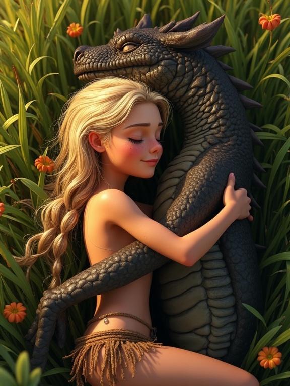 View from above full body shot Pixar cartoon style vibrant colors. A beautiful blonde injured sweaty tribal huntress girl sleeping on her dragon. The huntress hugs her dragon friend in a meadow. She has braided long messy hair and is wearing a torn loincloth. The girl has dirty sweaty tanned skin shiny skin. Her eyes are closed and she has a soft smile.