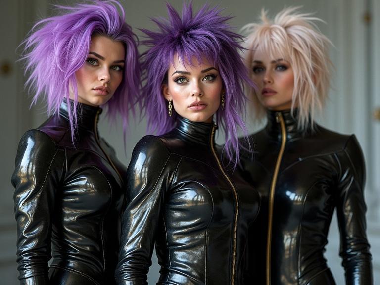 A young female music group dressed as superheroes. They wear black and silver sci-fi suits. Hairstyles are punk and spiky with purple chrome effects. The composition focuses on textures, shadows, and reflections in 4K resolution.