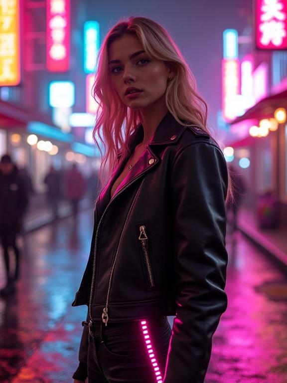 Young woman with blonde hair wears black leather jacket and pants. Pink neon lighting down sides of pants. Stands on wet street. Bright neon signs in background. Style reflects cyberpunk digital art.