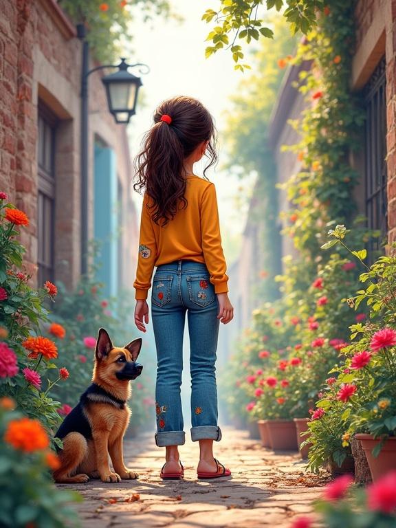Disney cartoon featuring a young girl with a ponytail. She wears denim trousers with colorful patches. A German shepherd puppy is beside her. The scene depicts a flower-filled alley with high detail and a whimsical touch. Intricate watercolor technique is used.