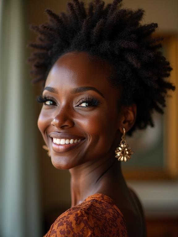 A strikingly beautiful ebony woman with an elegant presence. She is 55 years old. Her skin has a deep tone with a warm glow. She has captivating eyes and a warm smile. Her style blends classic and contemporary fashion, enhancing her natural beauty. She moves with poise and confidence.