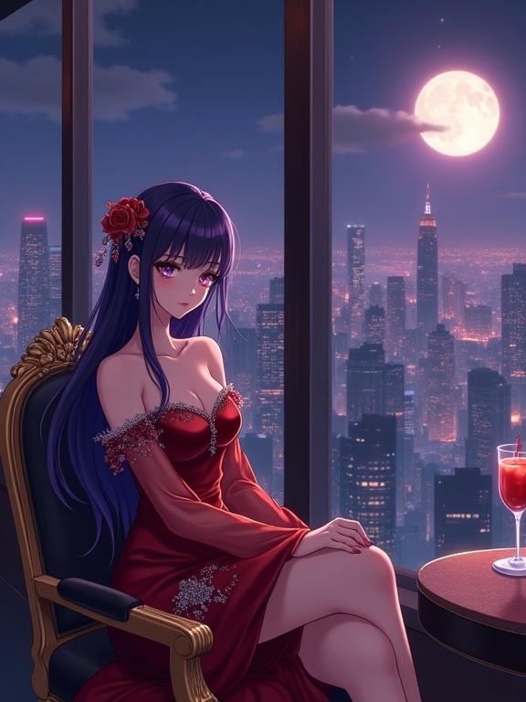 A breathtaking sexy woman sits gracefully in front of a large floor-to-ceiling window inside an upscale lounge. She has sharp violet eyes long violet hair. Wearing a luxurious off-shoulder shiny red gown with floral embroidery. A deep wine-red cocktail sits on the bar counter. The vibrant city skyline glows against the night sky. A full moon peeks through the buildings casting a romantic glow. The scene has a semi-anime aesthetic with dramatic lighting and magical ambiance.