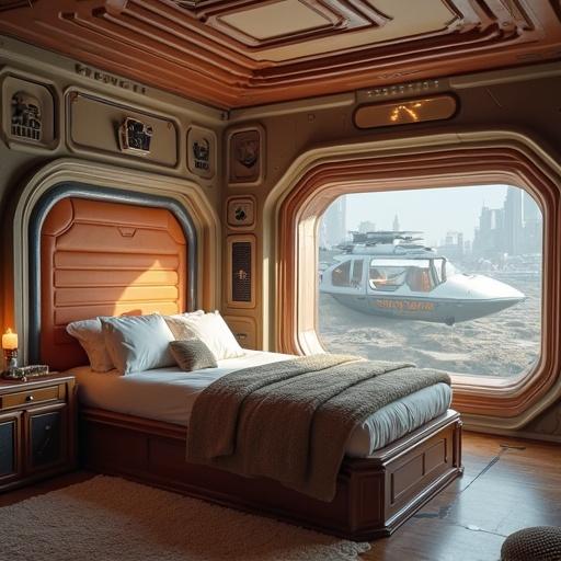 A bedroom designed to reflect Boba Fett’s spaceship aesthetics. Features an ornate bed with a headboard, warm lighting, and a large window showing a futuristic scene outside.