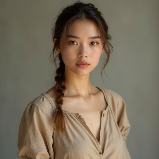 Portrait of a stunningly beautiful 25-year-old European village woman in upper body view. Porcelain-like flawless skin. Warm almond-shaped eyes with long lashes. Natural light brown hair tied back neatly. Wearing a simple tasteful linen dress in earthy tones. Slim waist and graceful bust. Soft diffused lighting enhances natural beauty. Clean minimalist background.