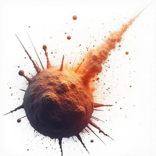 An illustration of a meteor impact created with solid texture against a white background. The meteor is depicted with spiky features, suggesting motion and impact.