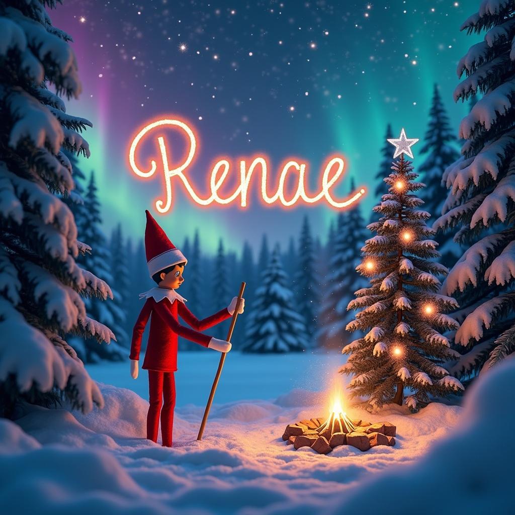 A traditional red elf on the shelf stands majestically in a snowy forest, its magic wand twinkling as it writes 'Renae' in glittering letters across the night sky. The air is filled with delicate, sparkling snowflakes that dance and swirl around the elf. In the distance, the horizon glows with the breathtaking beauty of the northern lights, shimmering in deep pink, purple, and turquoise hues. A small campfire crackles and spits nearby, casting a warm, golden glow over the snow-covered trees. In the background, a majestic Christmas tree stands tall, its branches heavy with snow and its lights twinkling like stars drawing the name 'Alex'.