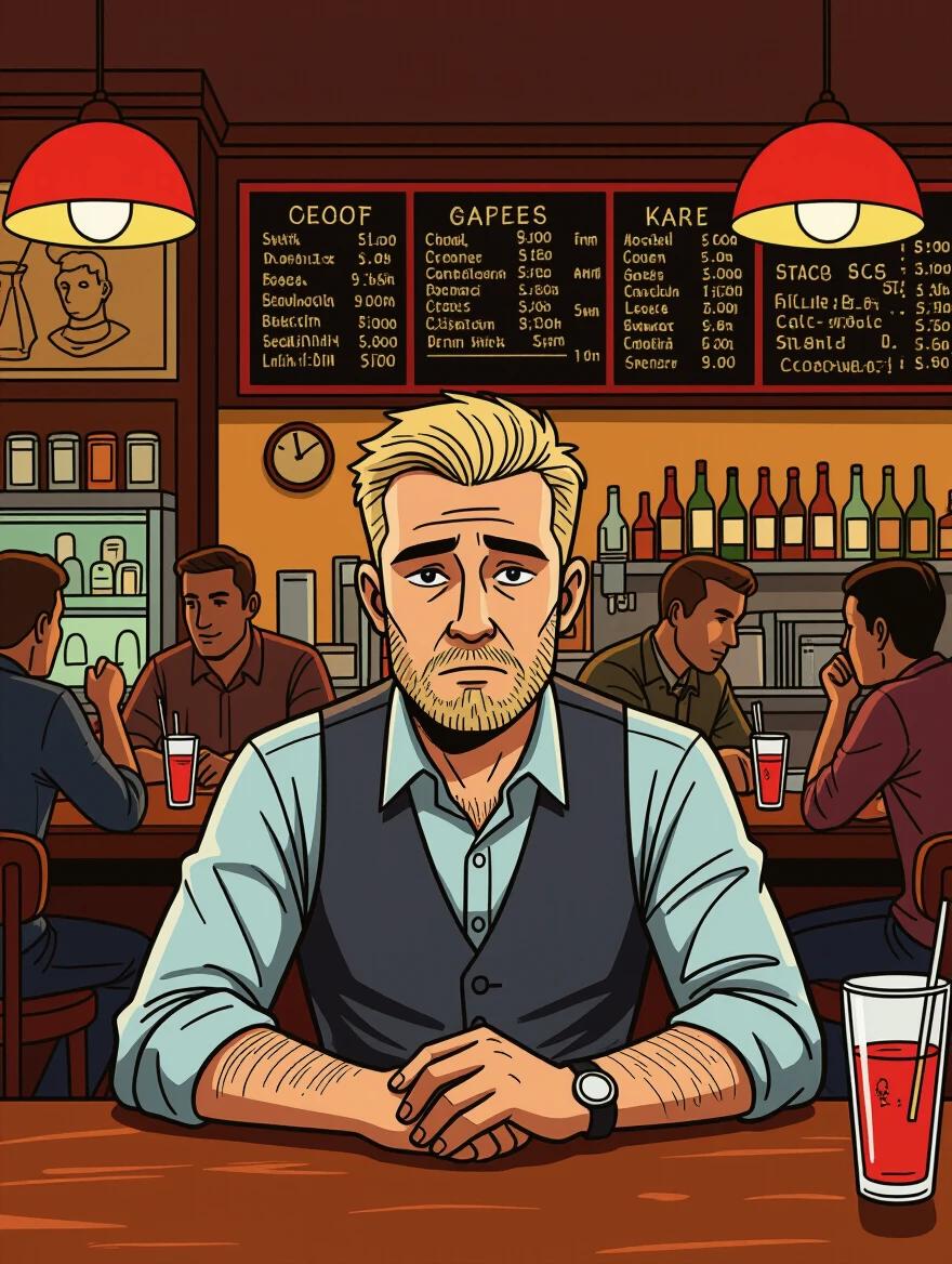 American tired salesman with sparse blond hair and sparse beard behind crowded restaurant counter at midnight. Comic style. Man seated at bar. Warm lighting overhead with red lamps. Group of people in the background. Illustrated scene of dining atmosphere.