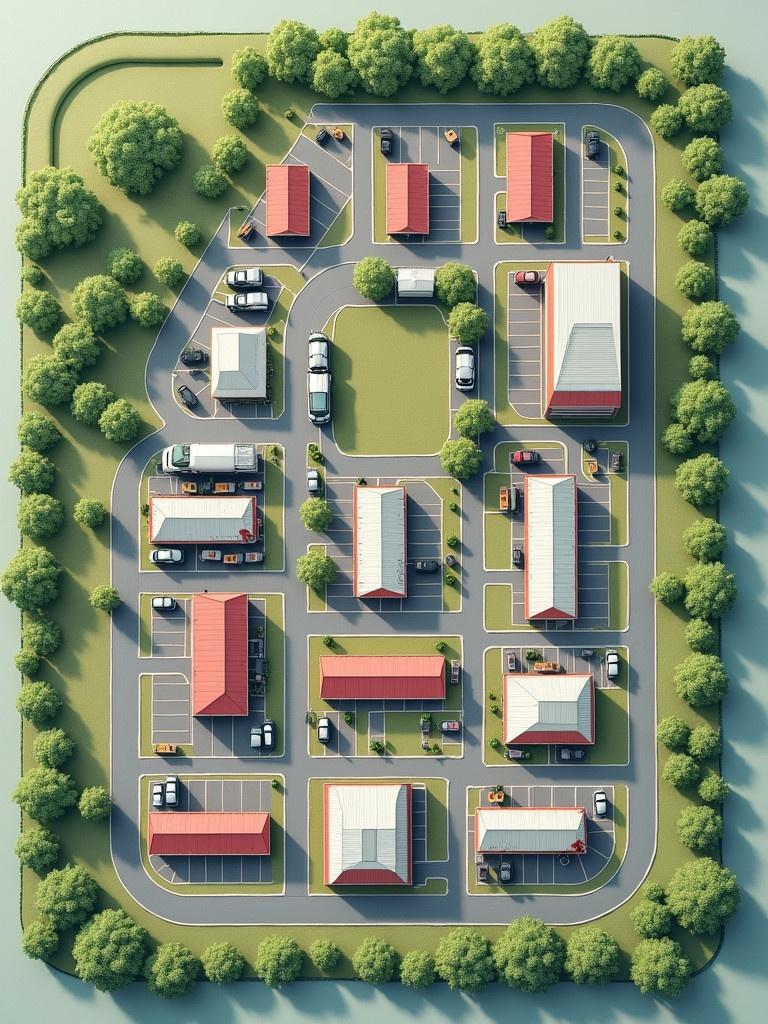 Layout of an industrial park shown from above. Numerous buildings with red roofs and surrounding greenery. Defined parking spaces and roads connecting the different structures.