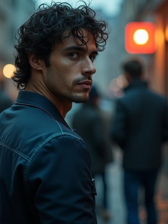 Photorealistic image of a handsome Latin man in dark blue attire shot from a distance. Background features three cartel gunmen creating an aura of mystery. The setting conveys a gritty atmosphere during daylight.
