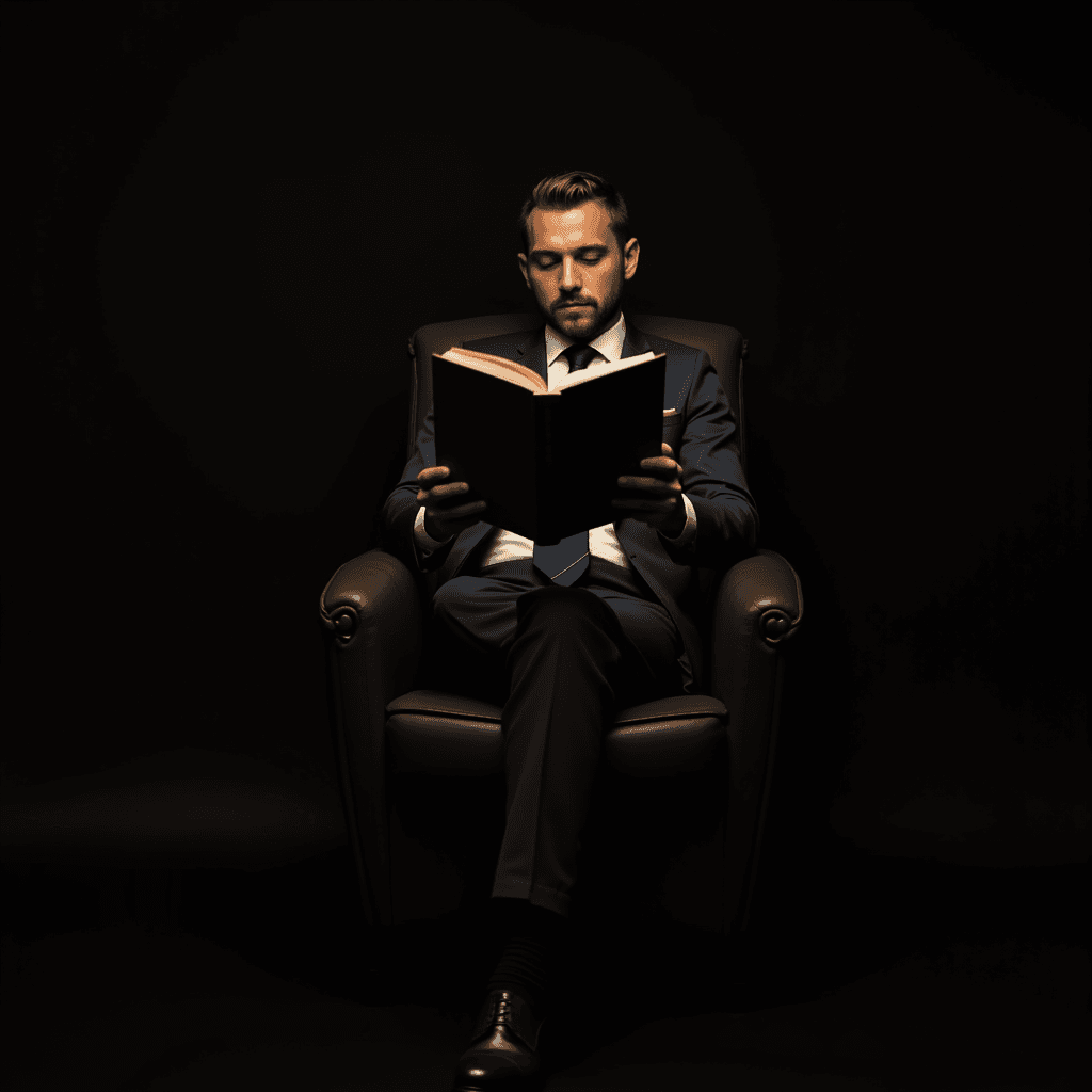 A man in a suit sits in an armchair, intently reading a book in a dimly lit room.