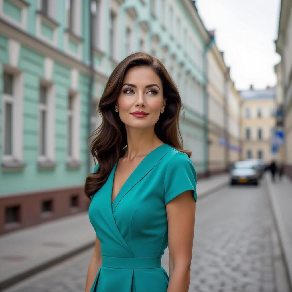 Street portrait of a beautiful slim mature woman in 1963 Moscow. Captured spontaneously in a side profile at a 90-degree angle. Turning head towards viewer with a subtle smile. Deep captivating dark brown eyes. Delicate features with long flowing black hair. Wearing a short elegant Art Deco-inspired retro dress with geometric turquoise patterns. Authentic socialist-era urban background with slightly weathered pastel-colored apartment blocks. Cobblestone street. Captured on film with Zenit EM camera and MIR-18 lens. Ultra-sharp focus on eyes and facial details with hyperrealistic skin texture and extremely swirly dreamy bokeh background. Soft natural light with a grainy 1980s color film aesthetic, creating a muted palette with rich blacks. Masterpiece of candid street photography with ultra-realism and cinematic depth.