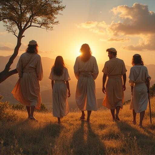 A family of ancient Hebrews standing in nature during sunset. Figures are silhouetted against the sun. Scene conveys happiness and togetherness.