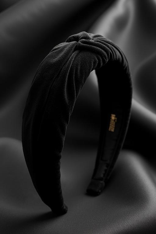 Close-up shot of a black velvet headband against silk fabric. Lighting reveals texture and richness of velvet. Elegant watermark with brand name La Bottega Della Principessa included.