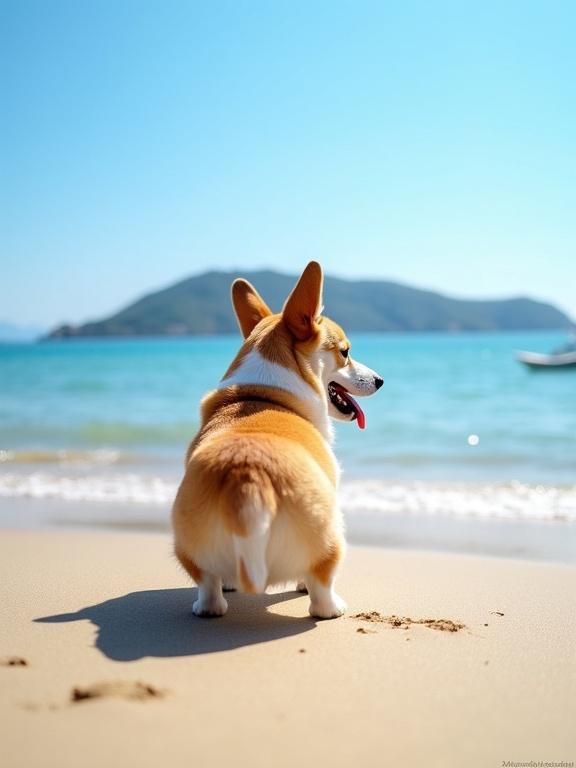 Photograph of small corgi dog with tan and white coat standing on sandy beach facing away from camera looking at ocean with blue sky and gentle waves. Distant islands are visible in background under bright sunlight. Dog's tongue is hanging out. Sand texture is visible with a calm ocean and horizon line. A small white boat is in the distance to the right. The atmosphere is serene and peaceful with natural light during daytime. There are no people in the image. Dog's ears are perked up, showcasing a cute and adorable scene with a small island in the distance.