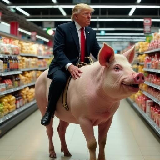 Donald Trump is riding a pig in a supermarket shopping aisle. The scene depicts a humorous and surreal image.