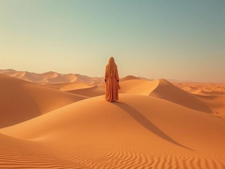 Woman in flowing garment stands alone on a sand dune in a vast desert setting. The sun casts a warm glow over the scene, creating gentle shadows across the sand.