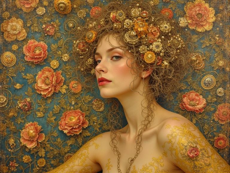 A woman poses in front of a floral background. She has striking features and intricate hair design featuring flowers. Her body adorned with golden patterns. Rich use of colors with floral motifs.