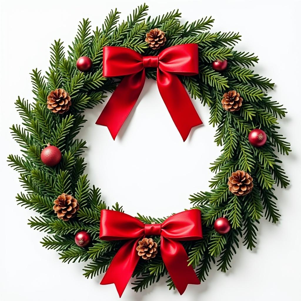 Christmas wreath decoration for winter holidays. Round frame made of evergreen branches featuring red bows and pine cones. Ideal for festive settings.