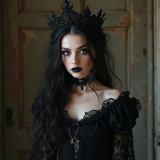 Portrait of a model showcasing rich gothic fashion with dark attire and accessories. Includes a crown and intricate makeup set against an ornate background.