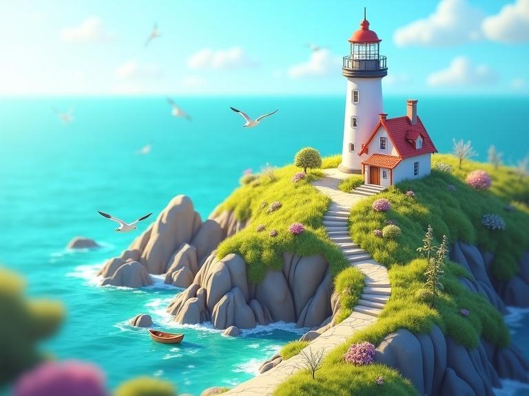 A charming 3D isometric diorama of a coastal lighthouse on a rocky shore. The scene is bright with a clear blue sky and emerald sea. The lighthouse is on a cliff with grass and flowers. A path leads from a cottage to the lighthouse. Seagulls fly above with waves crashing below. A wooden rowboat is near the shore. The style is clean and colorful, like a vector illustration, creating a peaceful atmosphere.