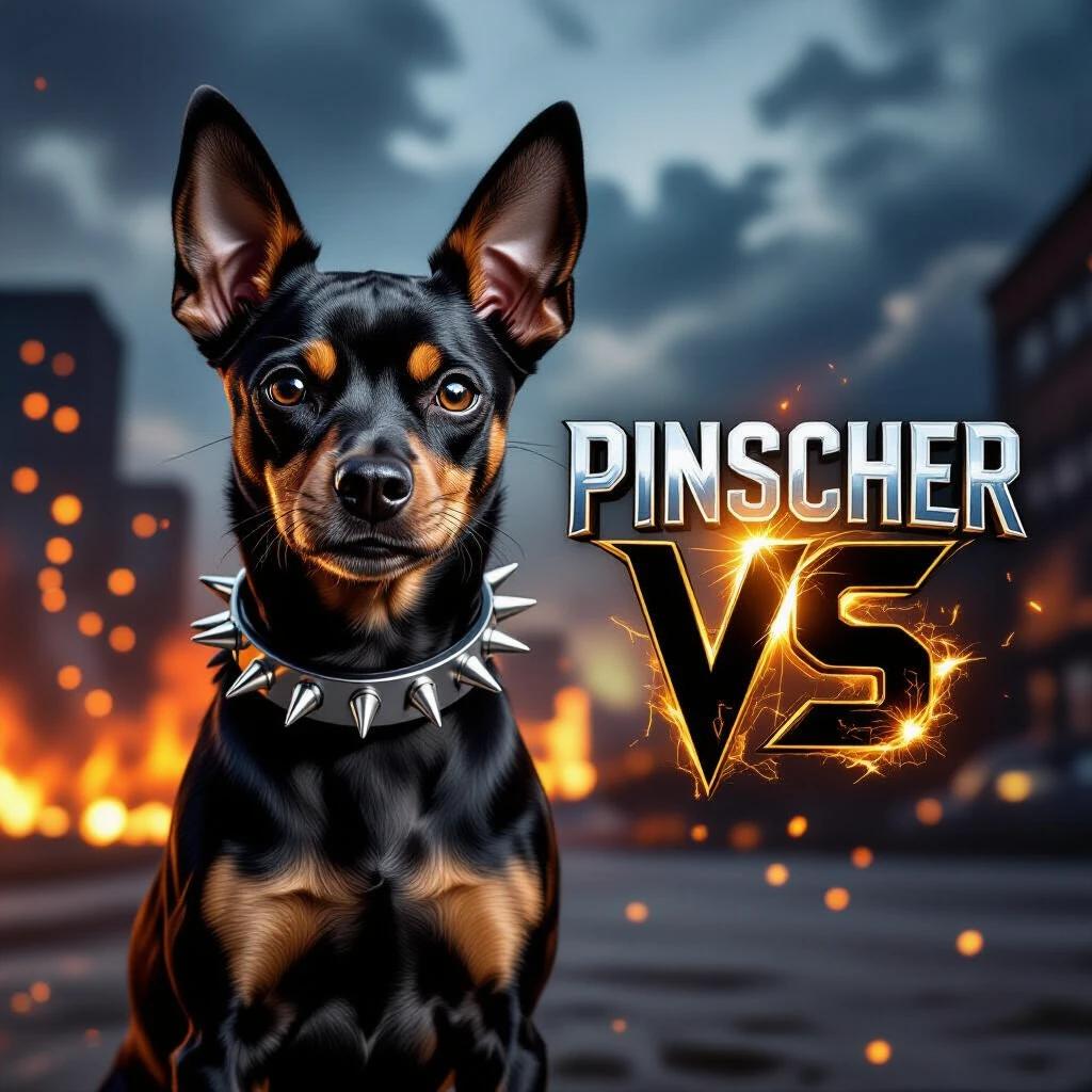 Ultra-realistic YouTube banner design features fierce miniature pinscher dog. Dog has glossy black and tan fur with sharp focused eyes. Dog wears silver spiked collar. Background has dark clouds and fire sparks. Title 'Pinscher vs' in bold modern font. Layout is clean and professional. High detail and dramatic lighting.