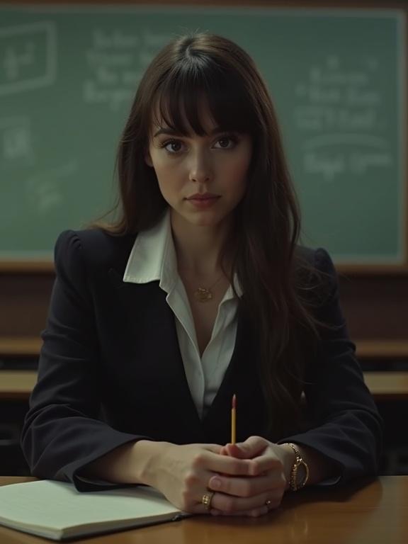 Portrait of a woman dressed in a formal teacher outfit. She is sitting at a school desk. Dimly lit background features chalkboard. Expression is serious and authoritative. Elegant pinup style.